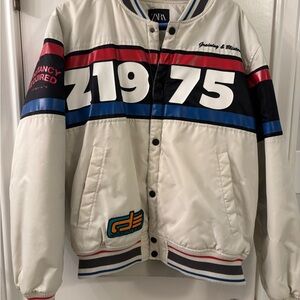 Zara Men's Retro Cream and Navy Bomber Jacket